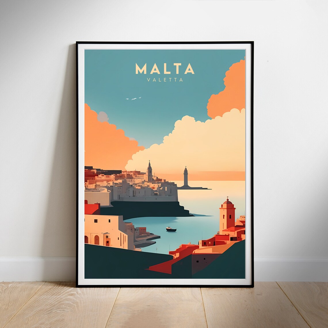 Malta Valletta Grand Harbor Fortress Coastline Sunset Travel Poster