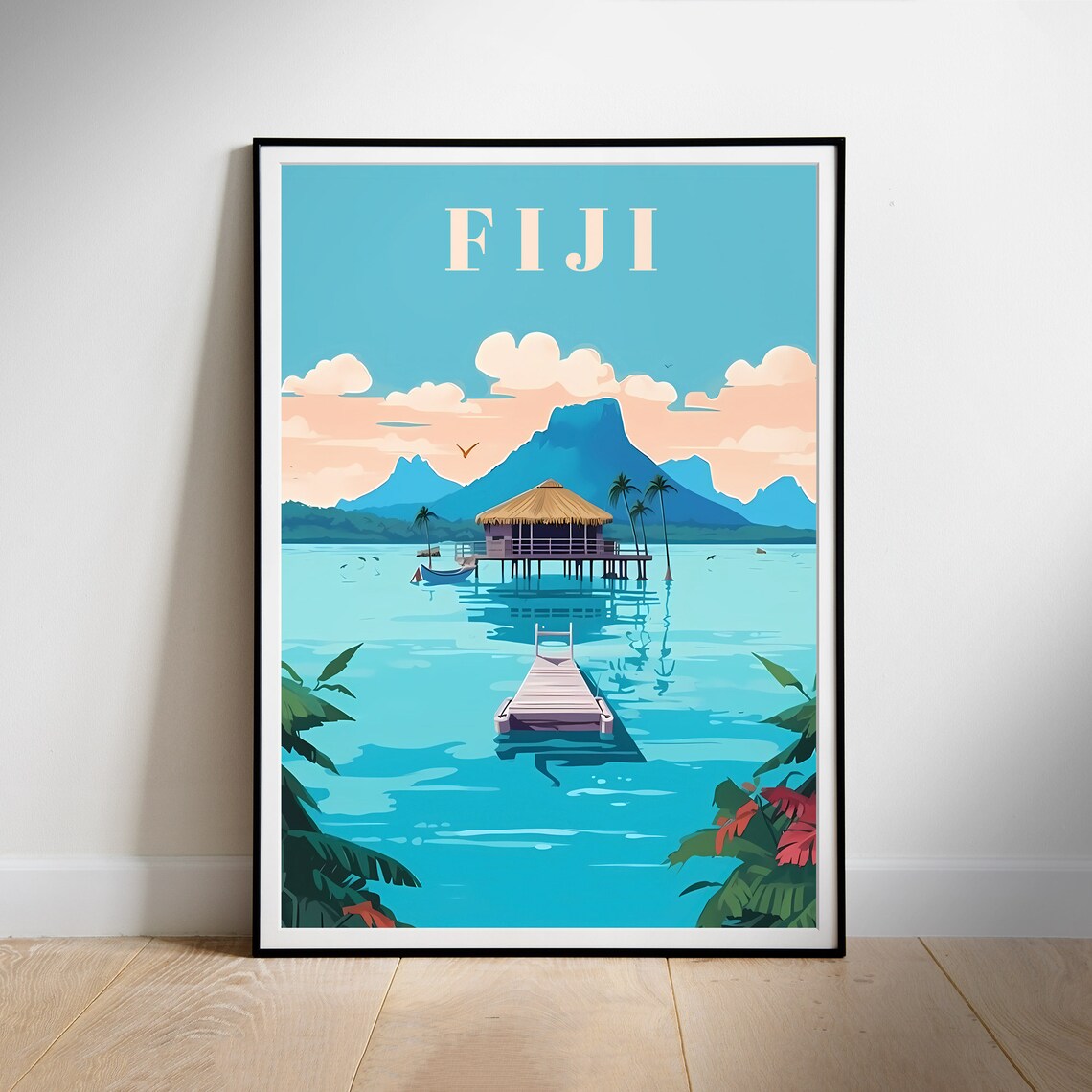 Fiji Overwater Bungalow Tropical Lagoon Stilt Hut Travel Poster