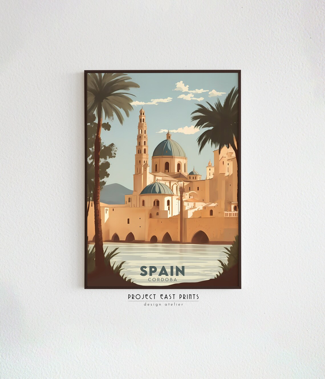 Cordoba Spain Mezquita Bell Tower Palms River Retro Travel Art Poster