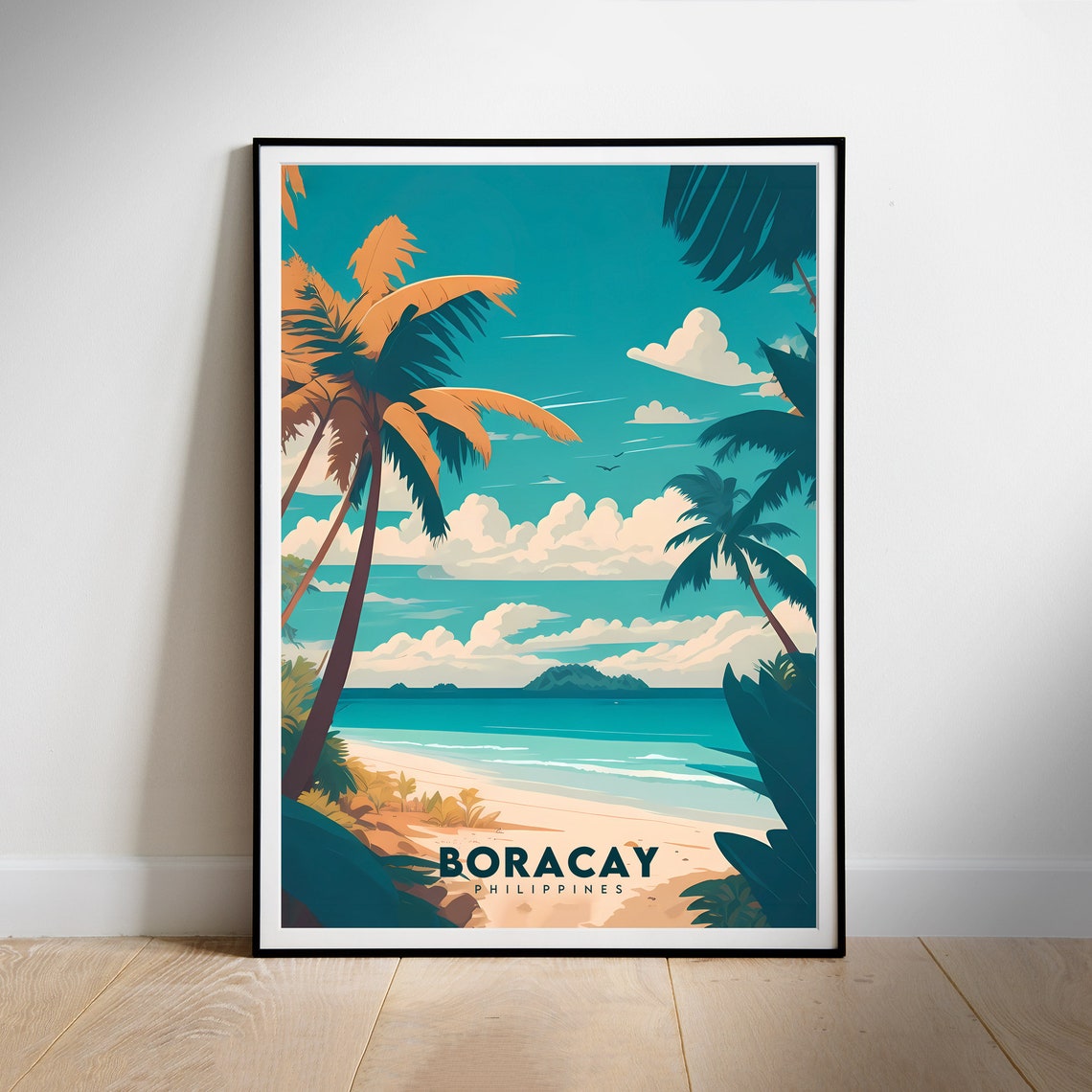 Boracay Philippines Tropical White Sand Beach Palms Travel Poster