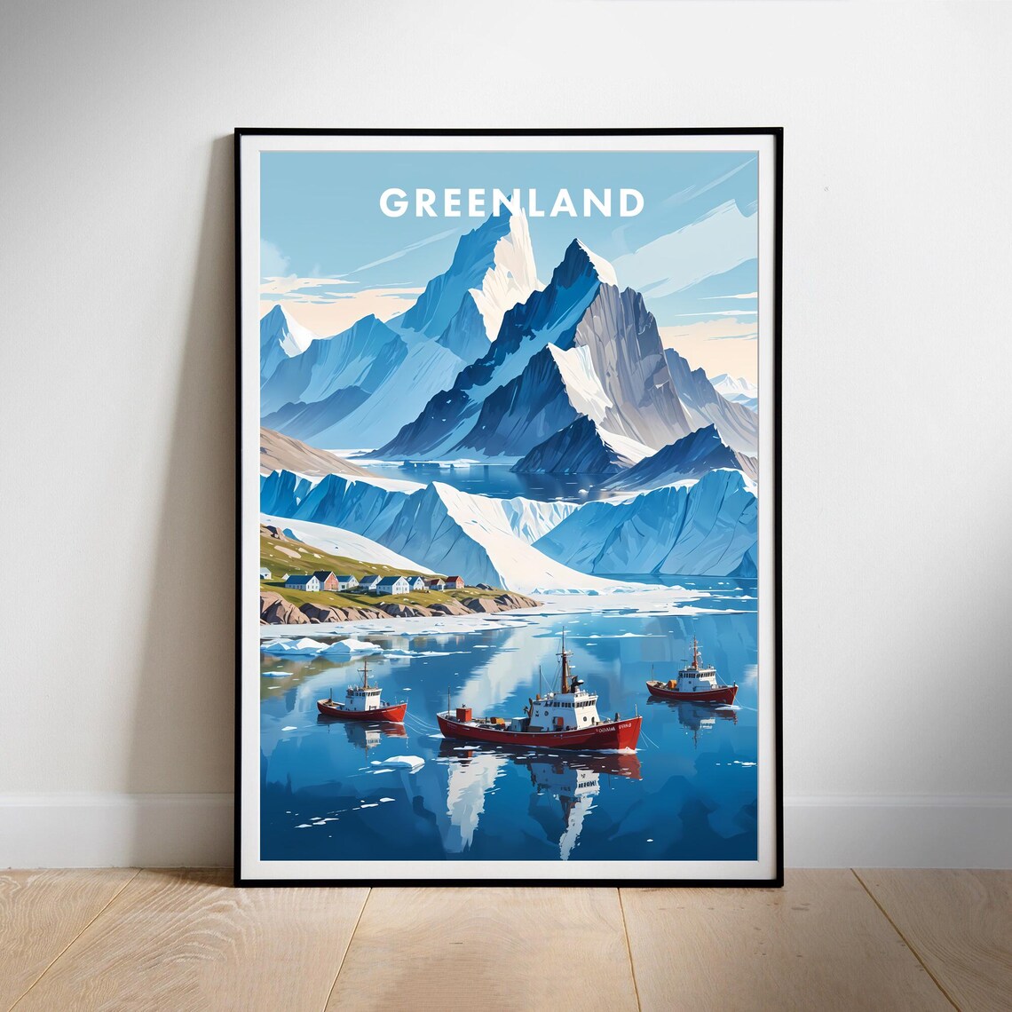 Glacier Greenland Arctic Fjord Icebergs Red Boats Travel Poster - Image 3