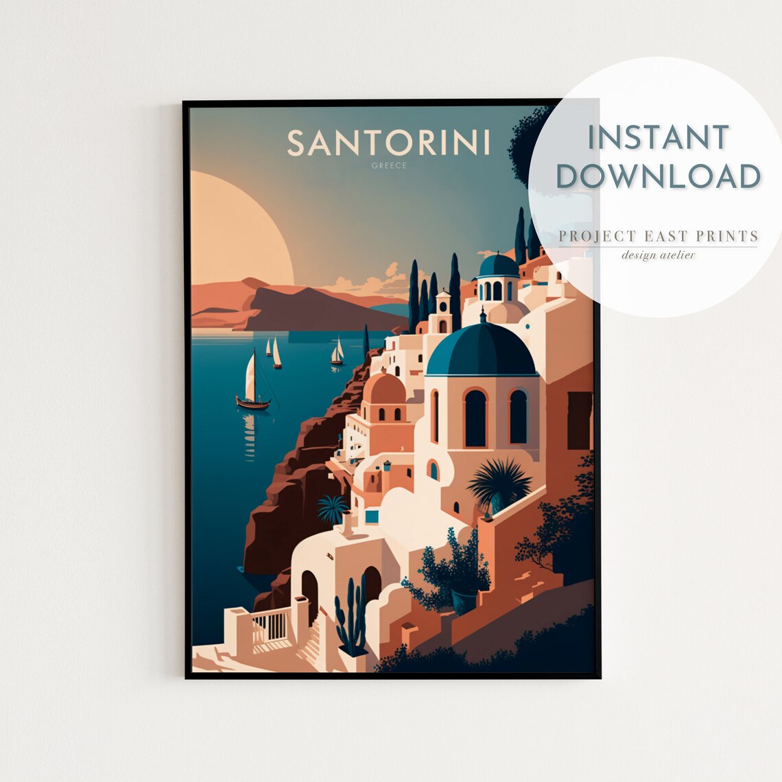 Greece Santorini Retro Travel Poster, Travel Poster