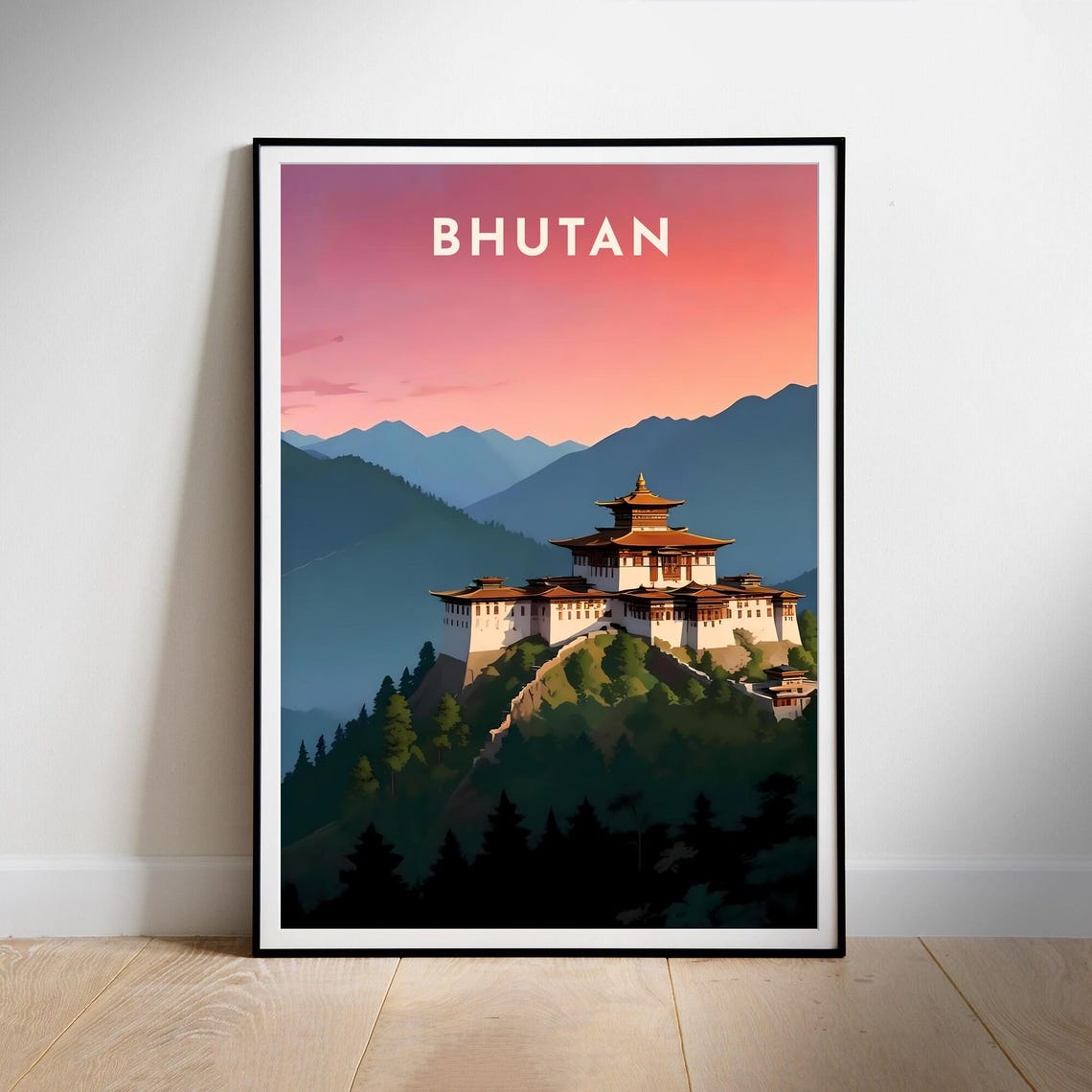 Bhutan Himalayan Monastery Sunset Mountain Peaks Travel Poster