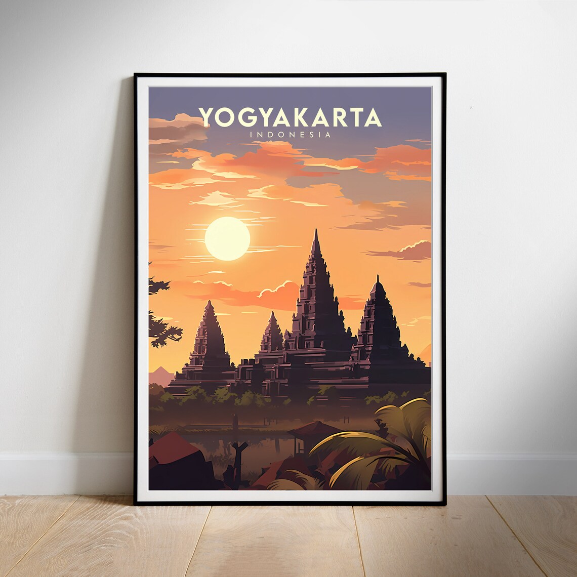 Yogyakarta Indonesia Ancient Temple Sunset Silhouette Travel Poster