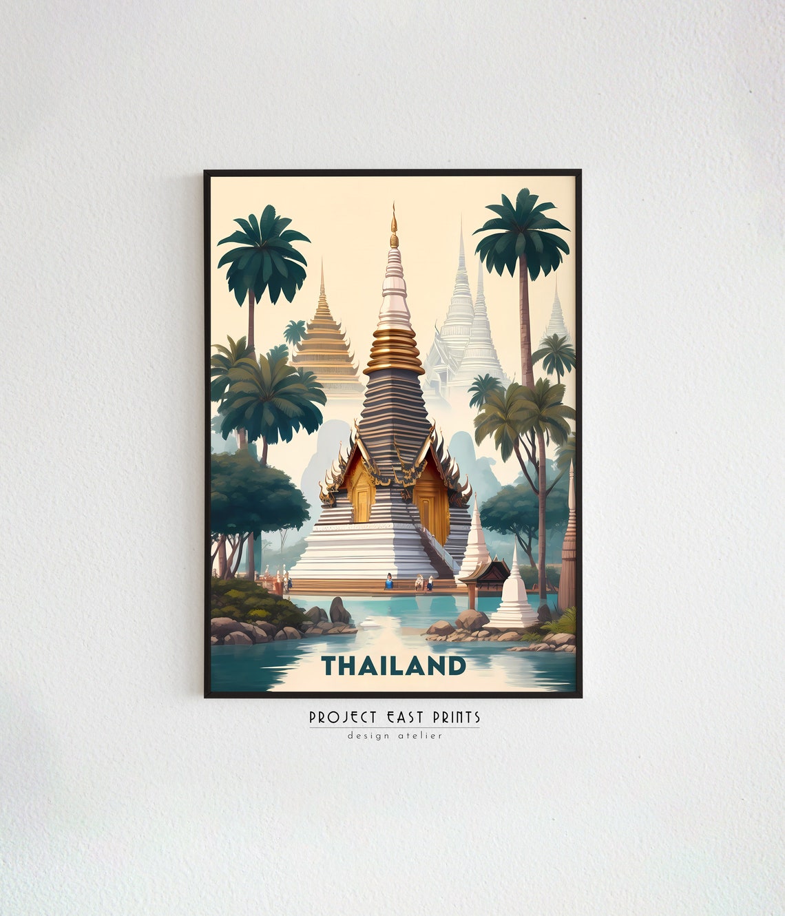 Thailand Temple Stupa Retro Travel Poster With Palm Trees And Lake - Image 2