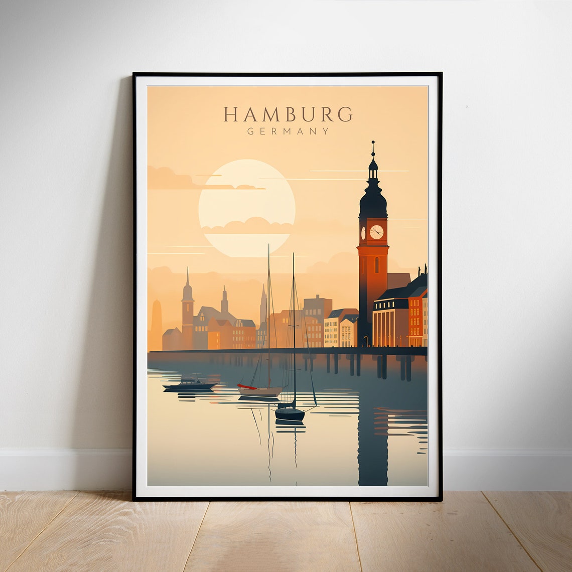 Hamburg Germany Elbe Harbor Clock Tower Golden Sunrise Travel Poster