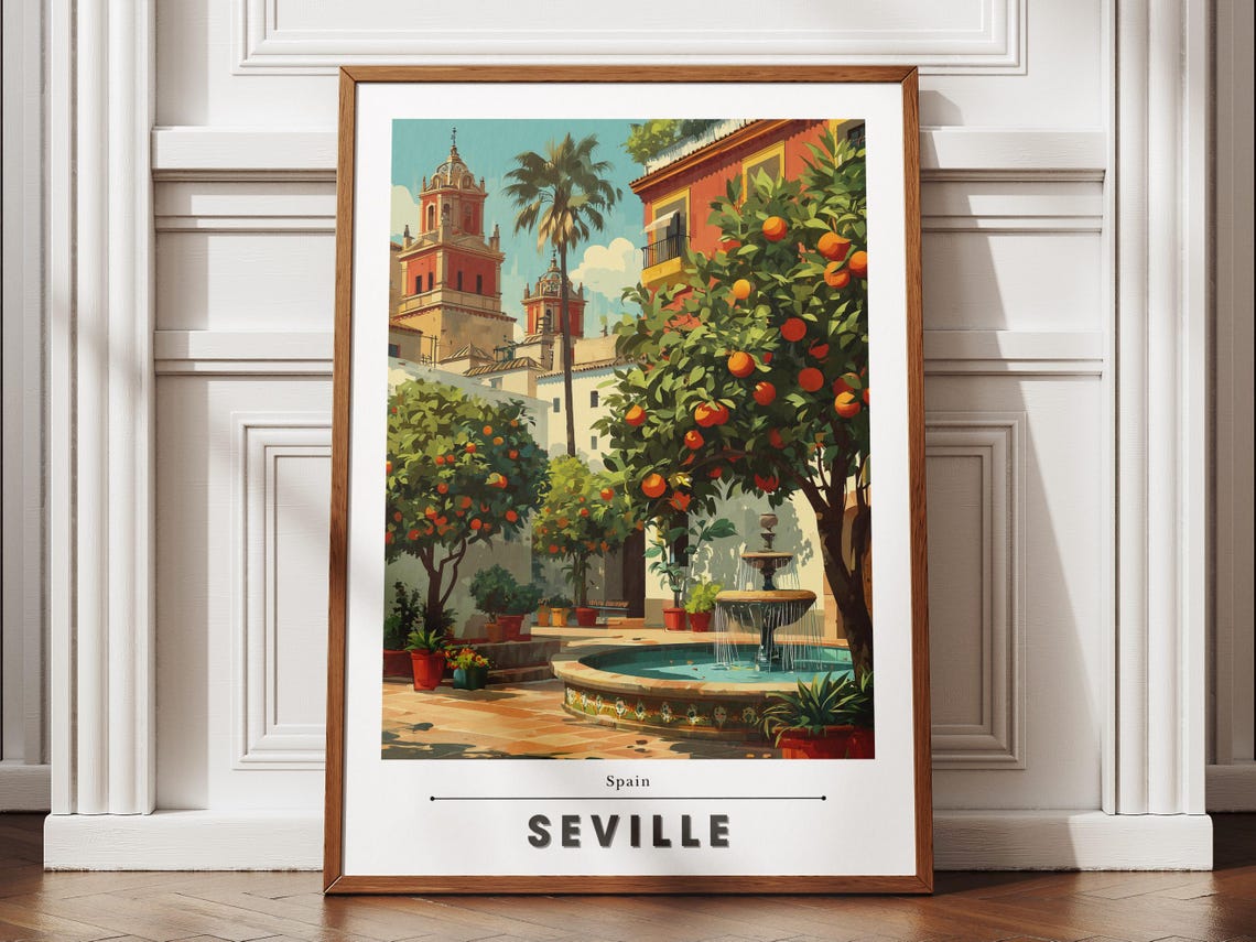 Seville Spain Orange Tree Courtyard Fountain Sunlit Scene Poster