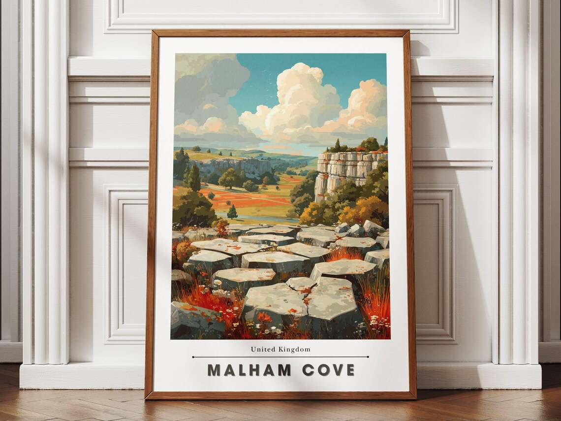 Malham Cove United Kingdom Limestone Landscape Vintage Travel Poster
