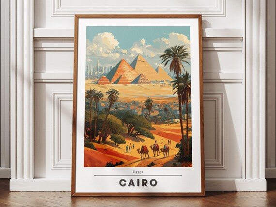 Cairo Egypt Pyramids of Giza Camels and Palms Desert Travel Poster