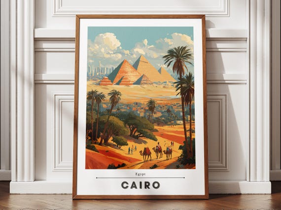 Cairo Travel Poster Flat Design Pyramids Desert Nile Wall Art Print Minimal Egyptian Landscape Decor History Gift