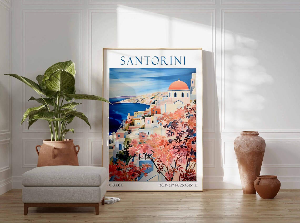 Santorini Cliff Village Red Dome Church Sea Watercolor Travel Poster - Image 2