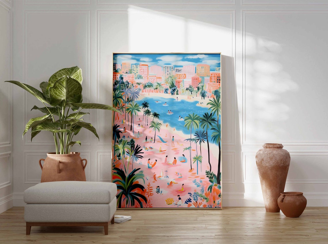 Pink City Beach with Palm Trees and High Rise Buildings Poster - Image 3