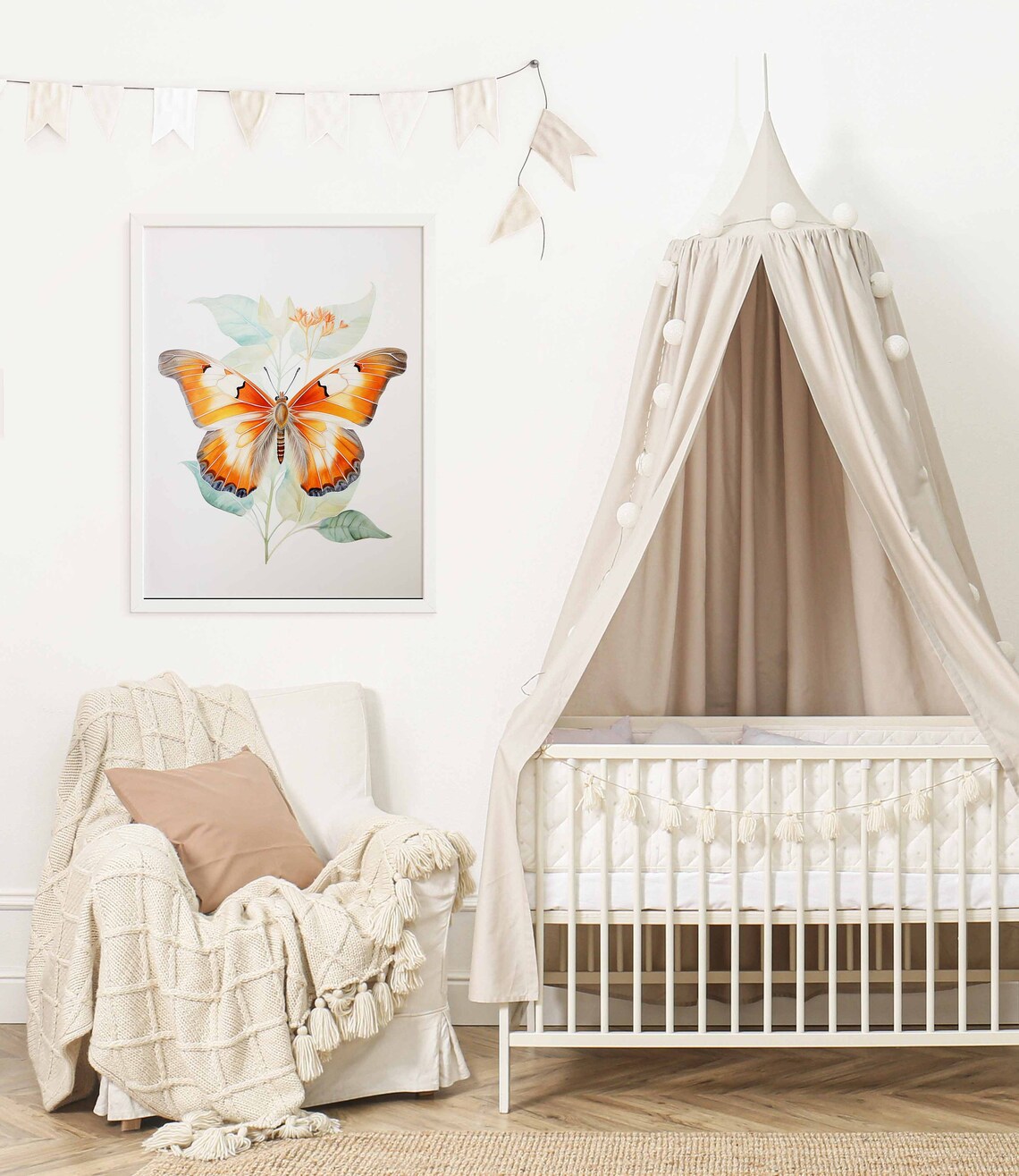 Bright Orange Watercolor Butterfly Botanical Poster for a Nursery - Image 2