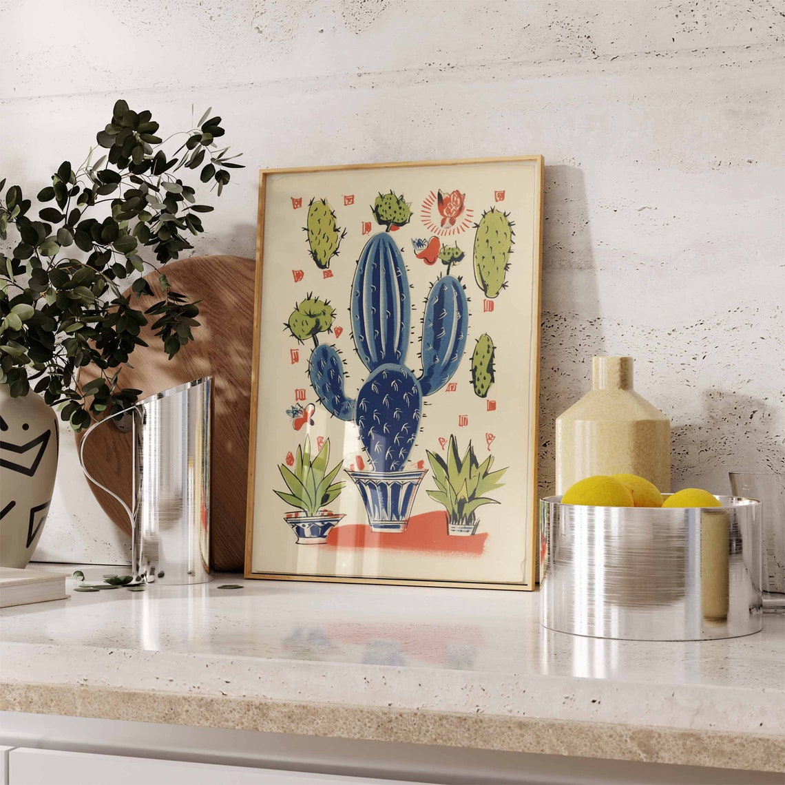 Retro Blue Prickly Pear Cactus Poster with Vintage Red Stamp Art - Image 2