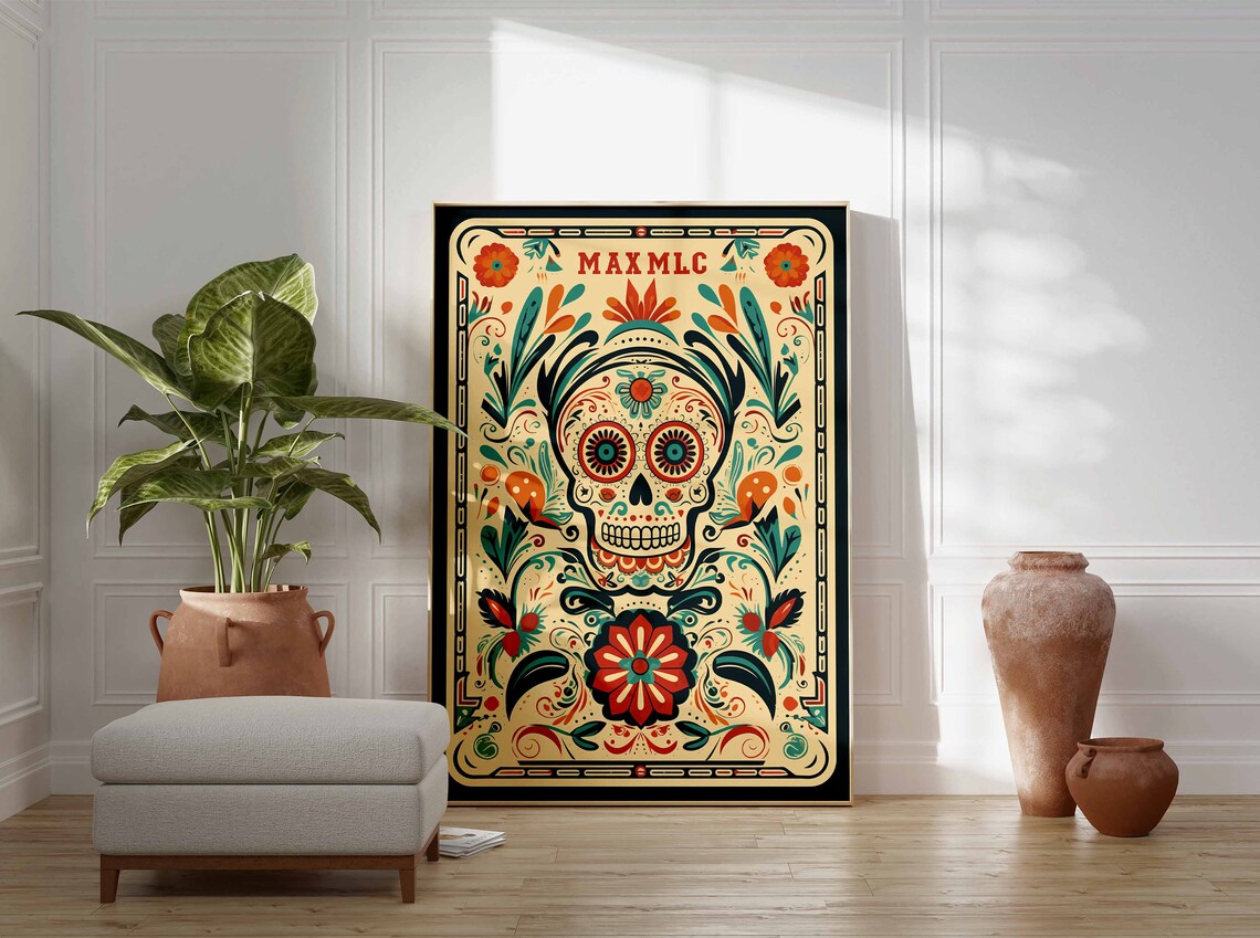 MAX MLC Folk Floral Loteria Sugar Skull Teal Orange Cream Card Poster - Image 3