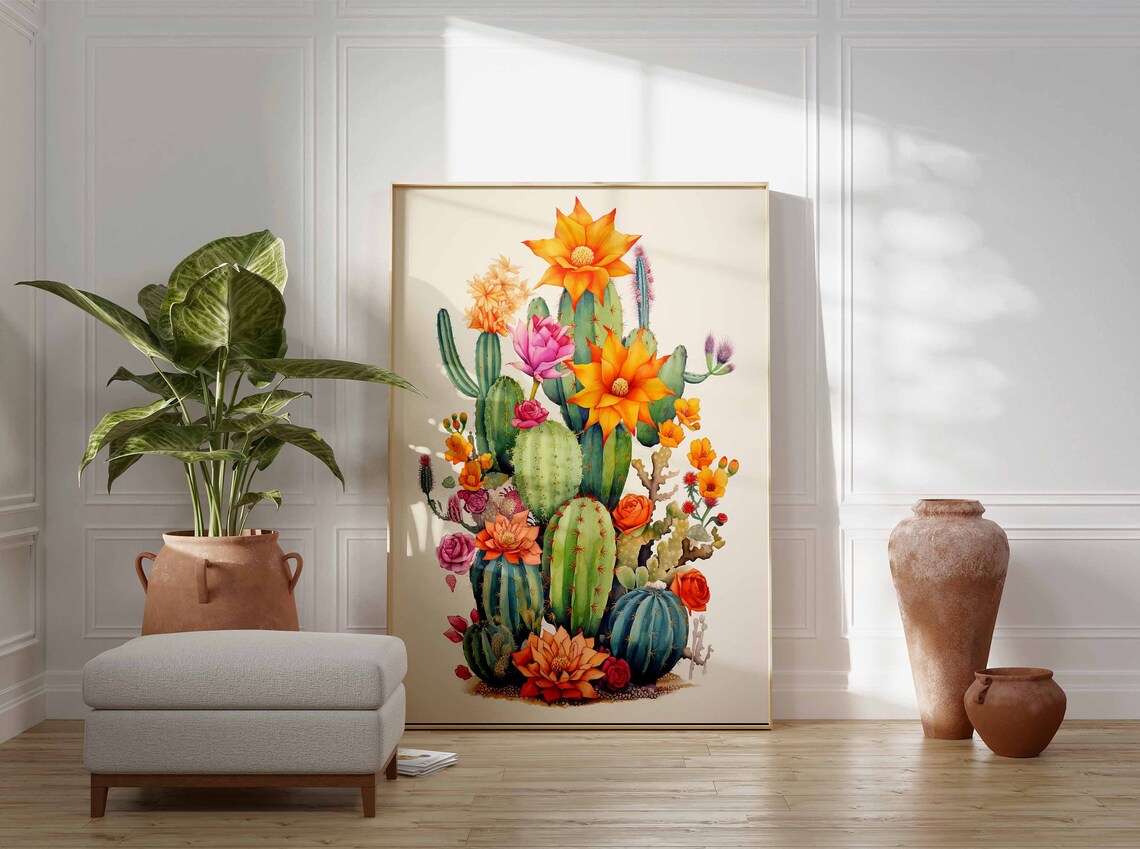 Watercolor Cactus Bouquet with Bright Orange and Pink Blooms Poster - Image 3