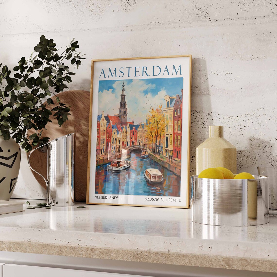 Amsterdam Canal with Colorful Houses and Boats Autumn Poster Art - Image 3