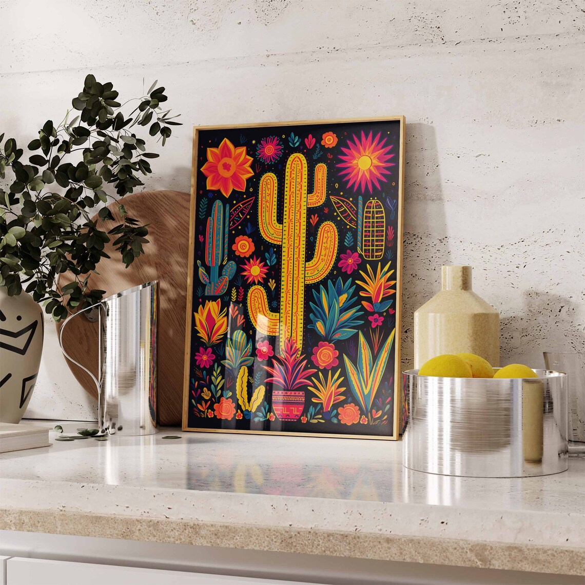 Festive Mexican Folk Art Giant Yellow Cactus Magenta Suns Poster - Image 3