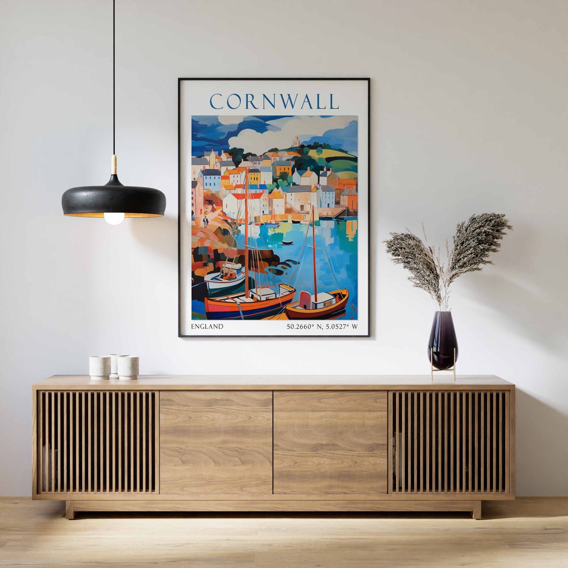 Cornwall England Travel Poster Colorful Harbor Town View Art - Image 3