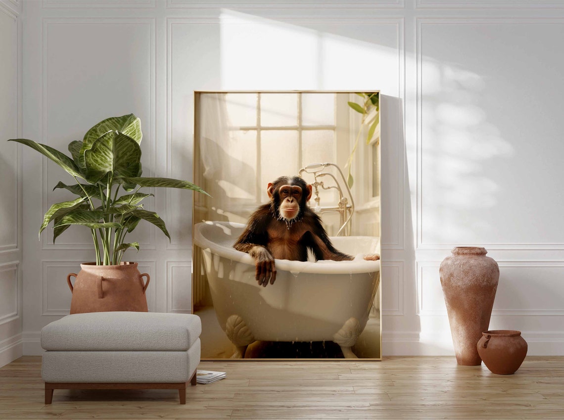 Wet Baby Chimpanzee Sitting In A White Bathtub Drip Dry Poster - Image 3