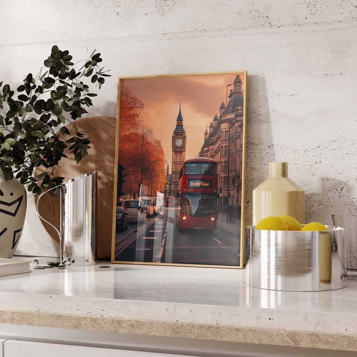 Big Ben and Red Double-Decker Bus Golden Sunset Poster in London - Image 2