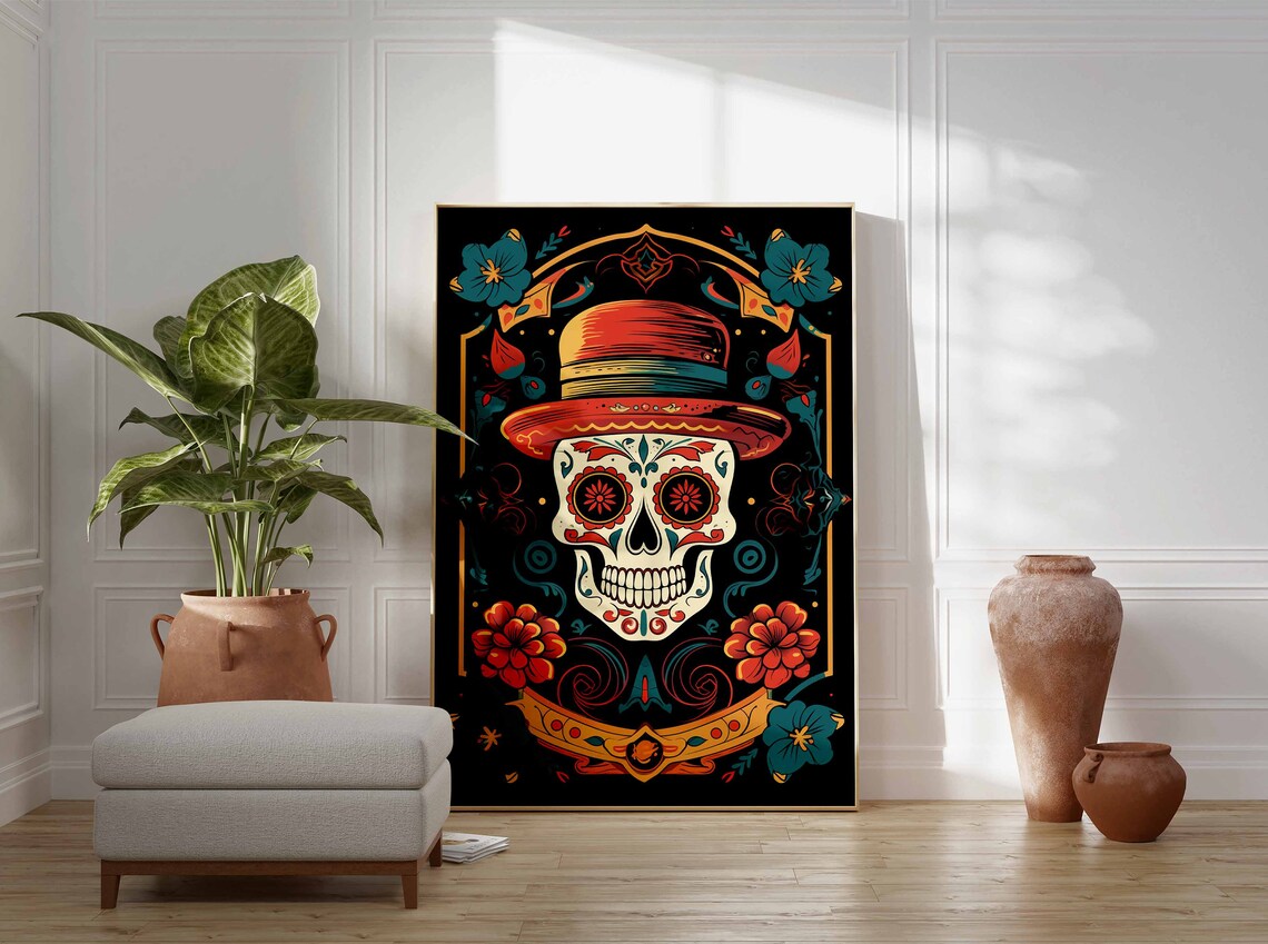Day of the Dead Ornate Sugar Skull Red Hat Floral Calavera Poster - Image 3