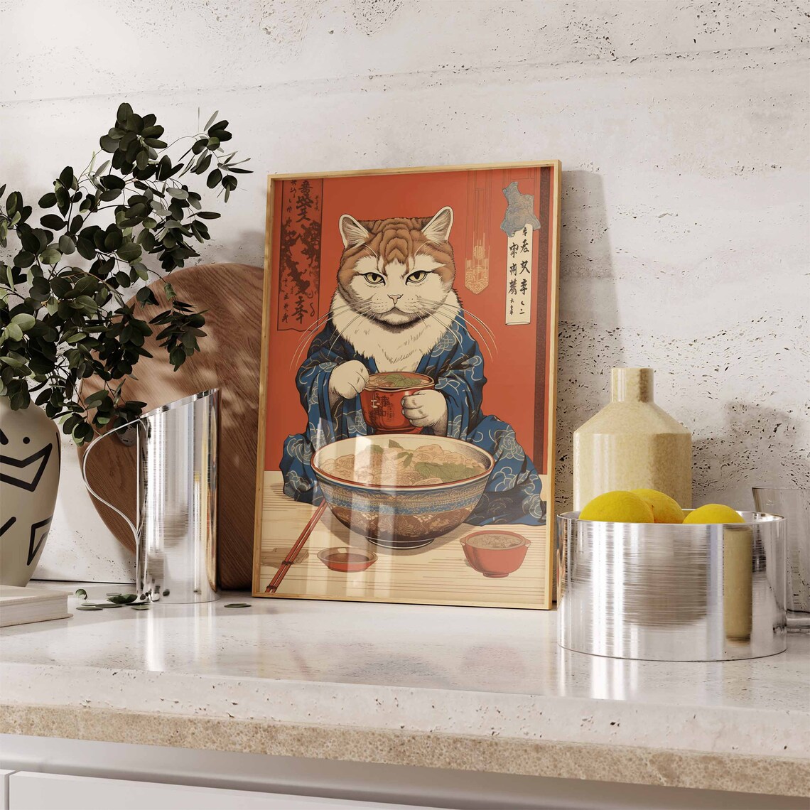 Japanese Cat Ramen Kimono Vintage Ukiyo-E Cat Lover Decor Poster - Image 3