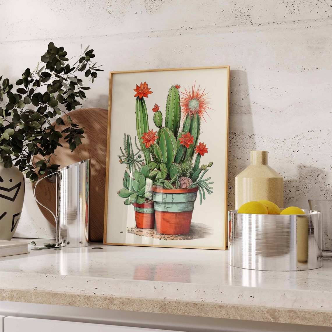 Red and Green Cacti in Two Terracotta Pots with Scarlet Blooms Poster - Image 2