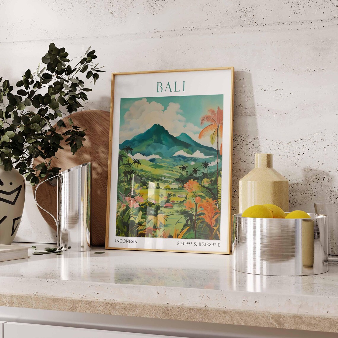 Bali Indonesia Volcano Peak with Jungle and Rice Fields Poster - Image 3