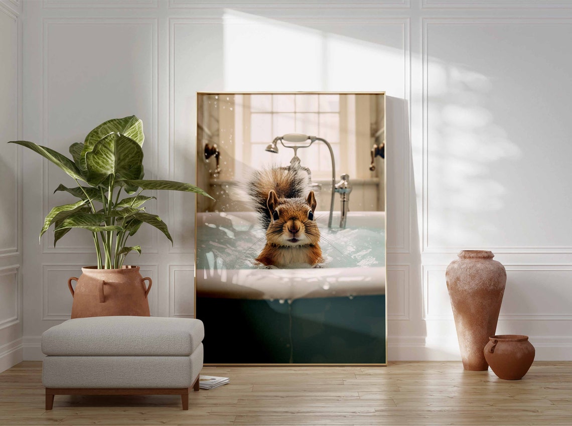 Fluffy Wet Squirrel Taking a Bubble Bath Funny Bathroom Poster - Image 3
