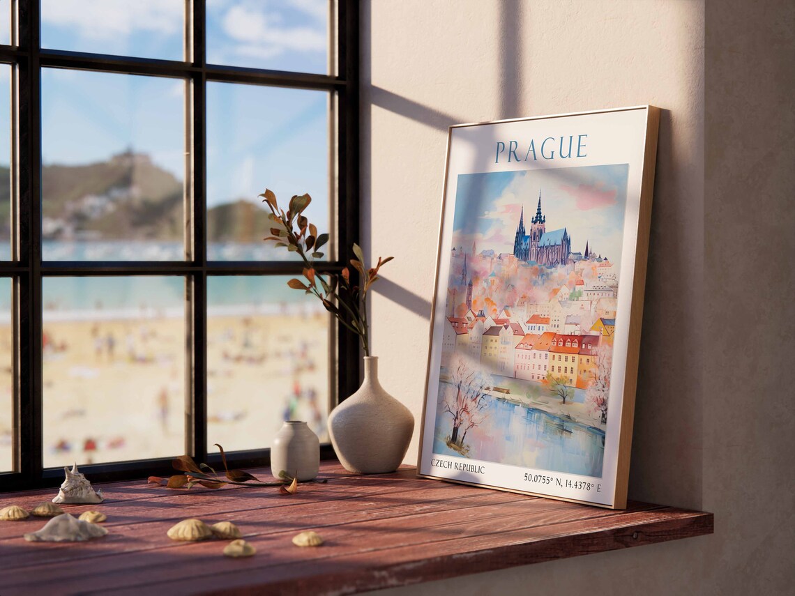 Prague Czech Republic Travel Poster Castle River Watercolor Scene - Image 3