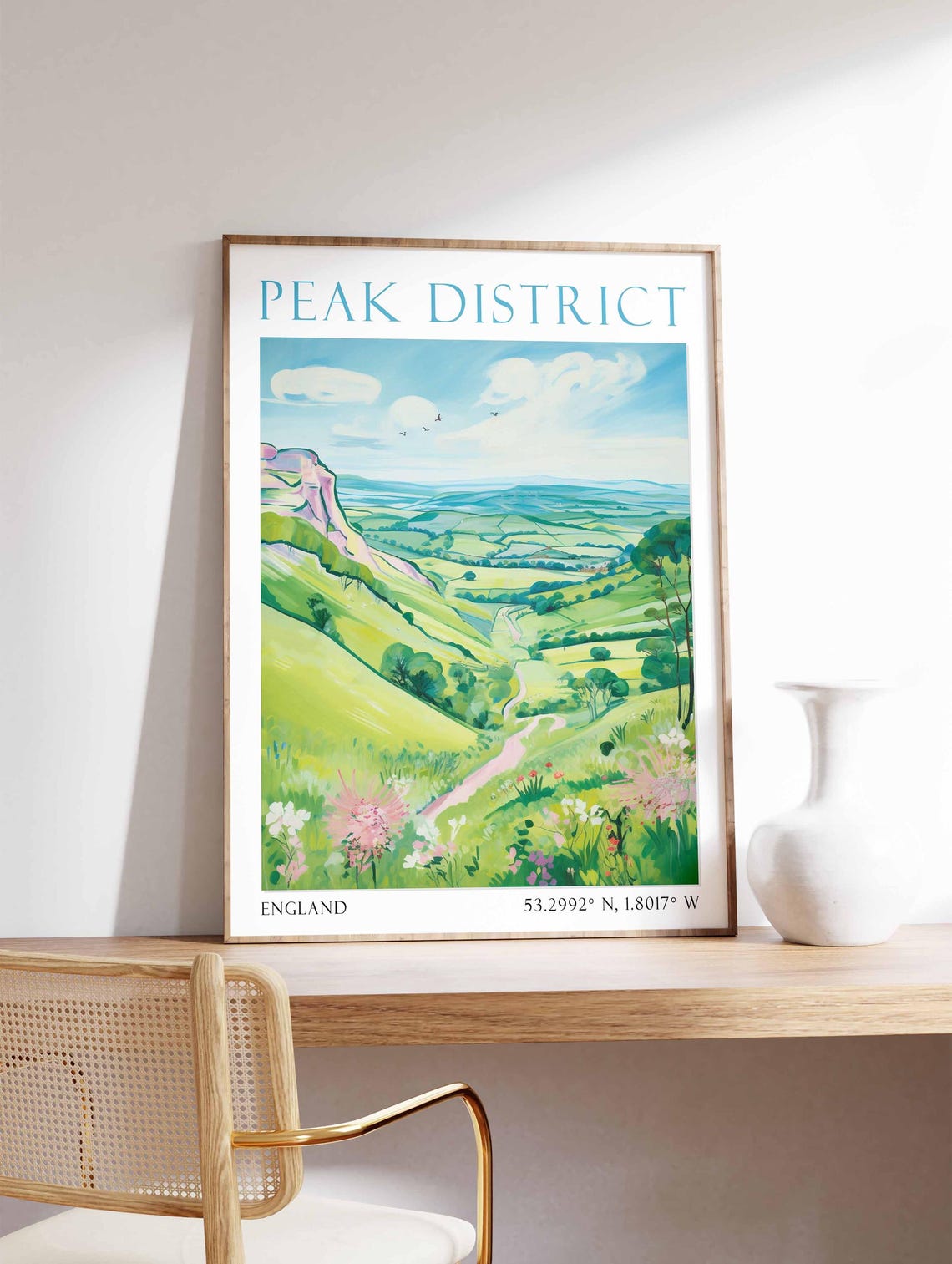 Peak District Rolling Green Valley Vista Watercolor Travel Poster - Image 4