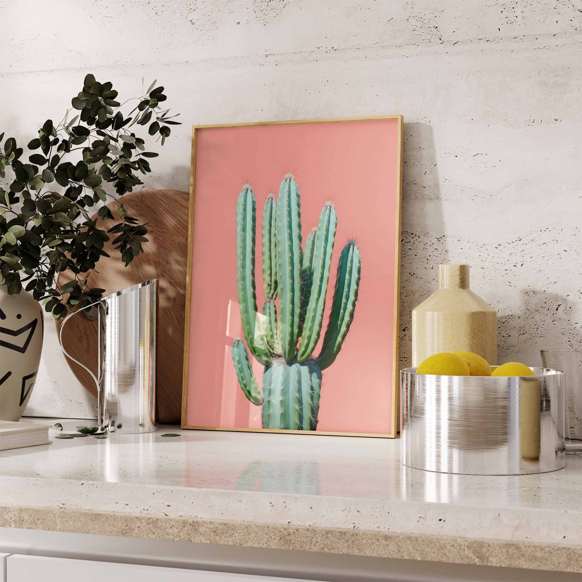 Blue-Green Fan Cactus with White Tips on a Coral Backdrop Poster - Image 2