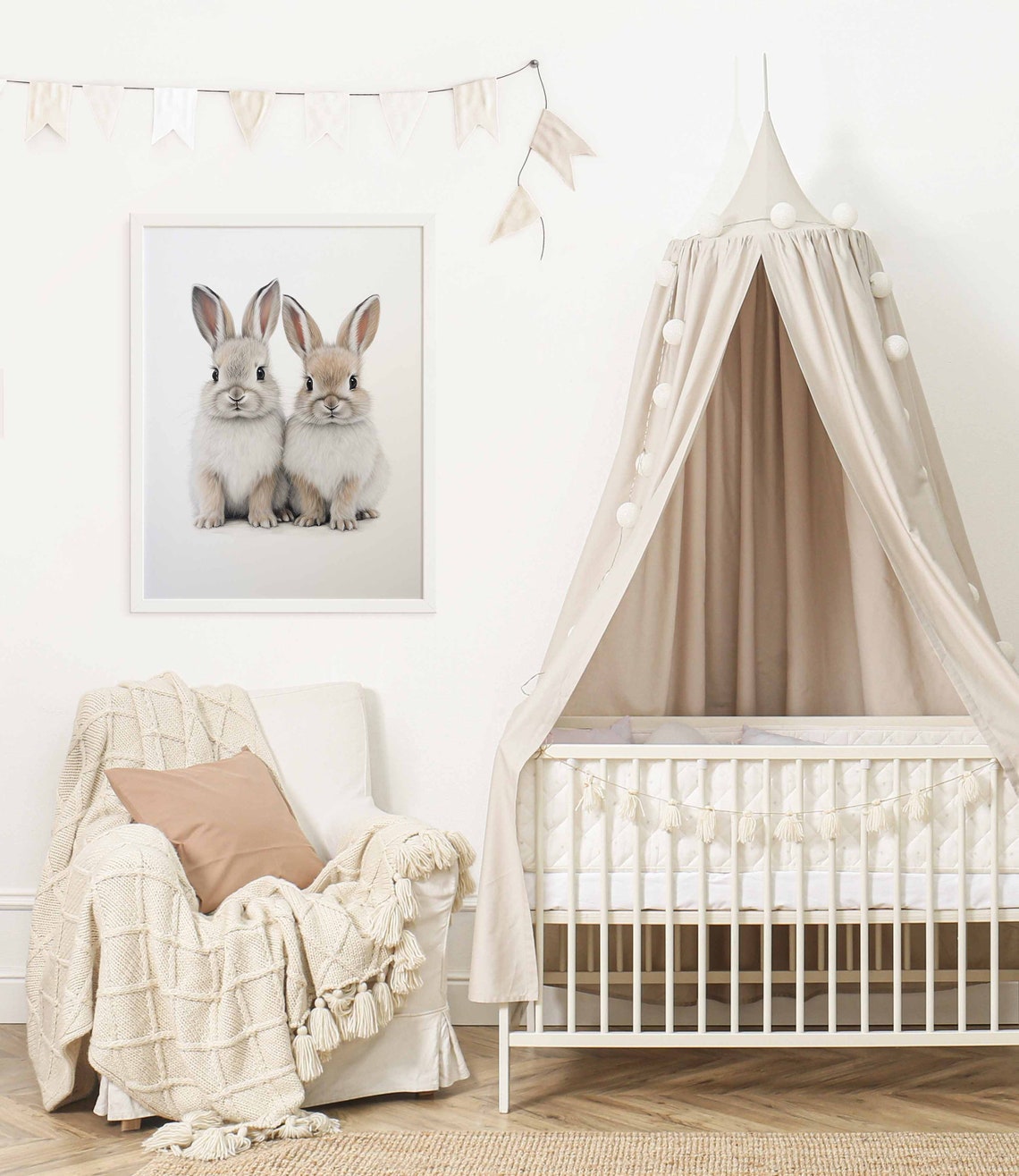 Two Cute Bunny Rabbits Watercolor Poster for Kids Nursery Decor - Image 2