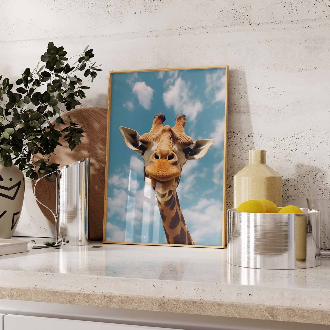 Giraffe Face Close Up Against a Blue Sky with Fluffy Clouds Poster - Image 2
