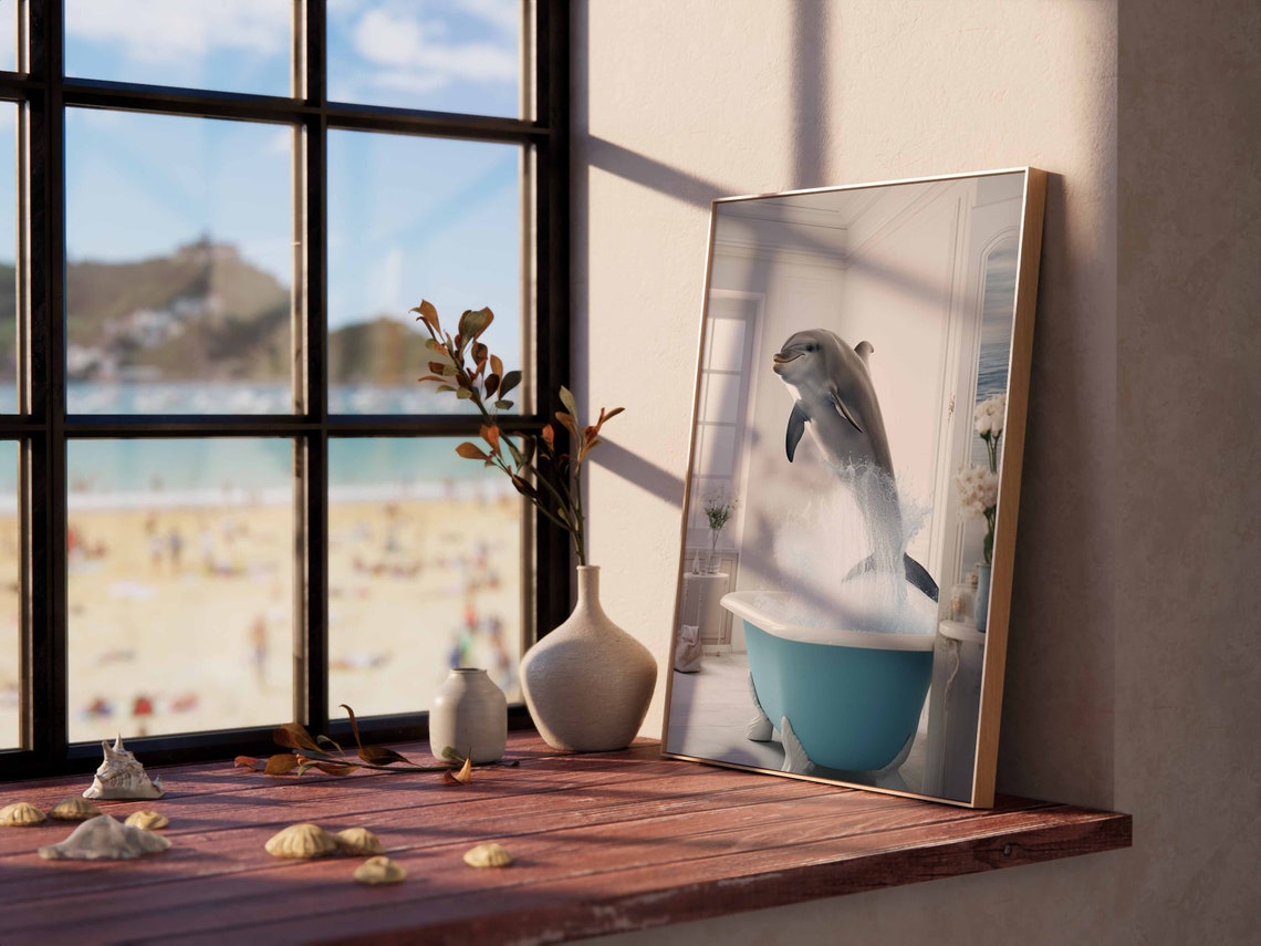Dolphin Jumping Out Of A Teal Clawfoot Bathtub Smiling Poster - Image 2