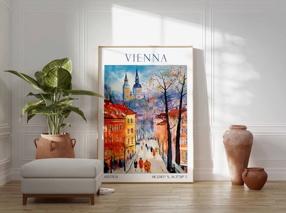 Vienna Austria Winter Street Pedestrians Twin Church Towers Poster - Image 2