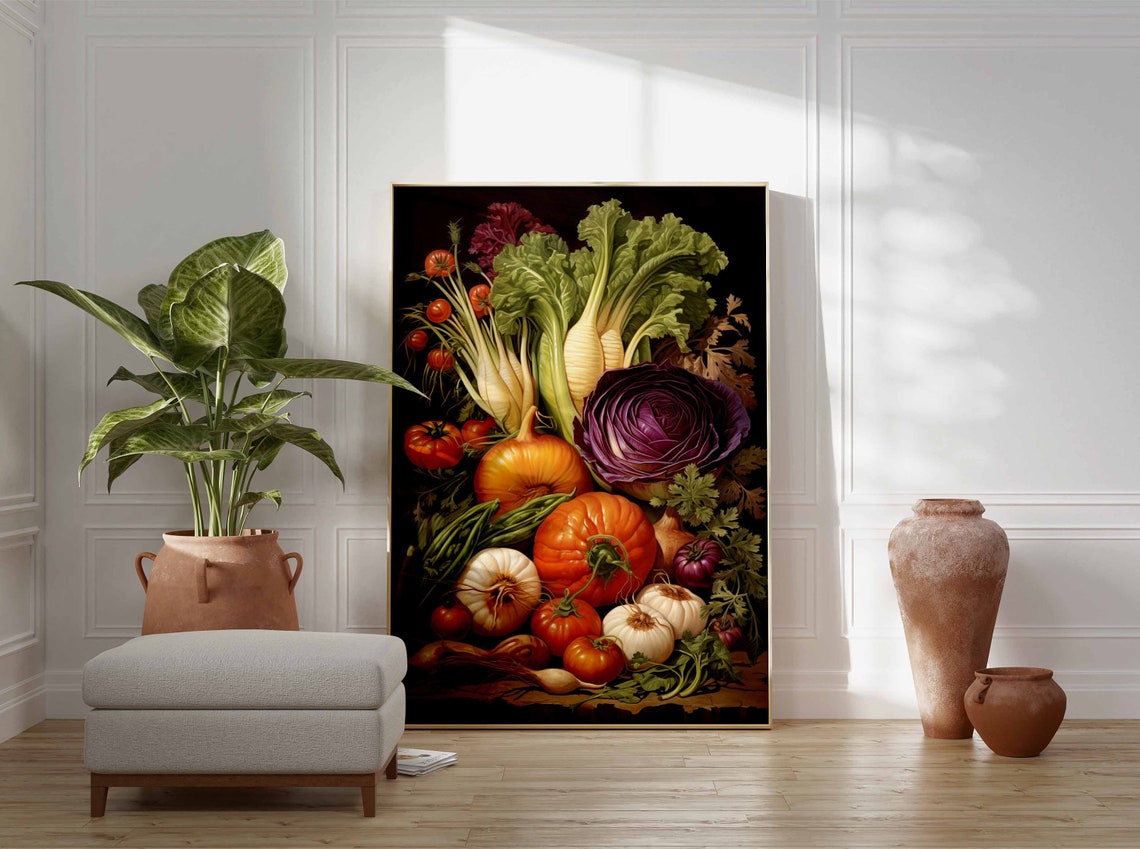 Vintage Vegetable Still Life Dark Background Kitchen Art Poster - Image 3