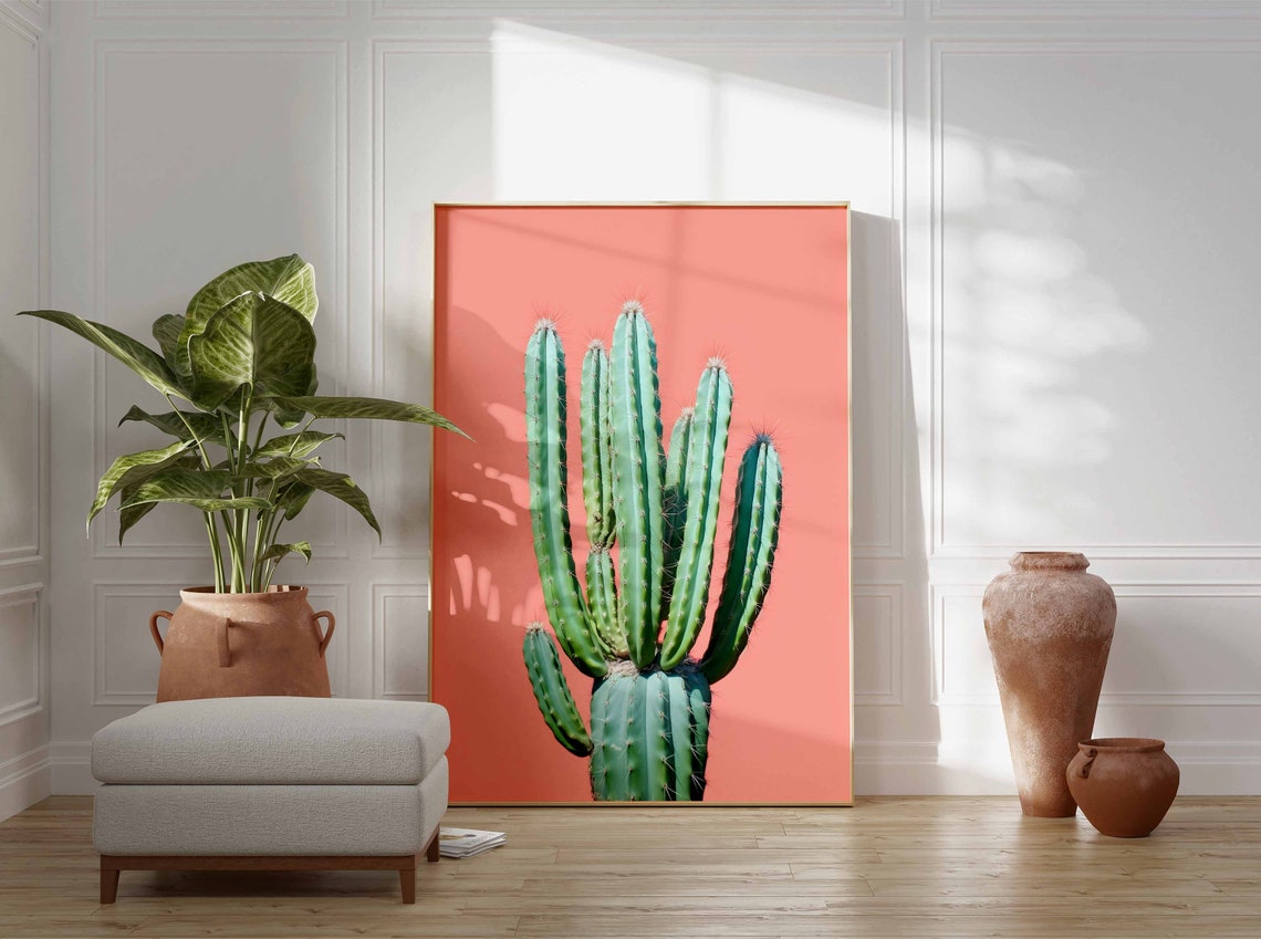 Blue-Green Fan Cactus with White Tips on a Coral Backdrop Poster - Image 3