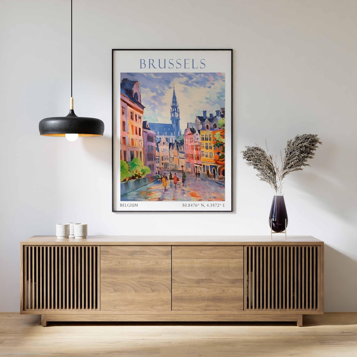 Brussels Belgium Old Town Street Town Hall Tower Rain Travel Poster - Image 2