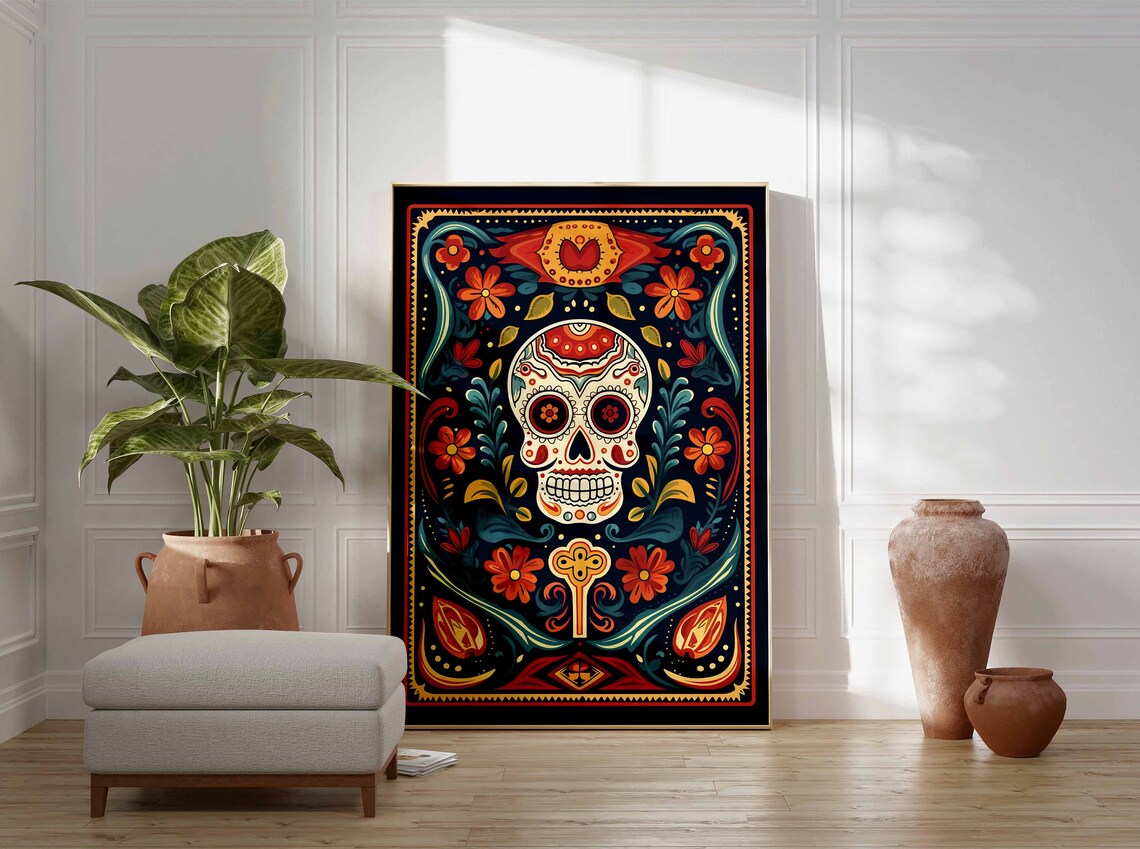 Day of Dead Folk Art Framed Floral Sugar Skull Teal Orange Dark Poster - Image 3