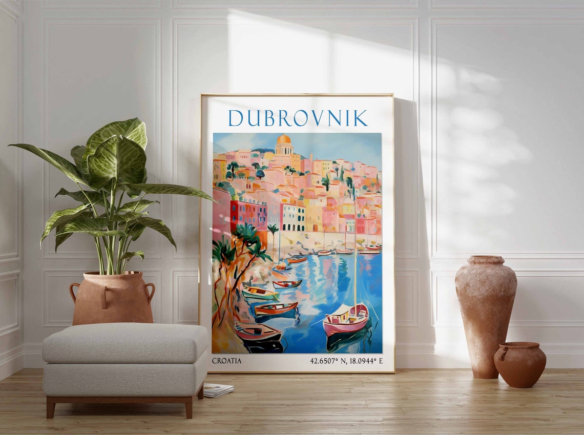 Dubrovnik Harbor Boats Below the Old Town Cathedral Poster Art - Image 2
