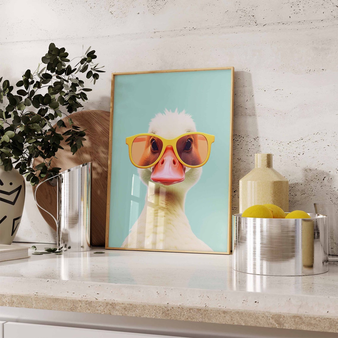 Happy Duckling in Yellow Sunglasses on a Turquoise Background Poster - Image 2