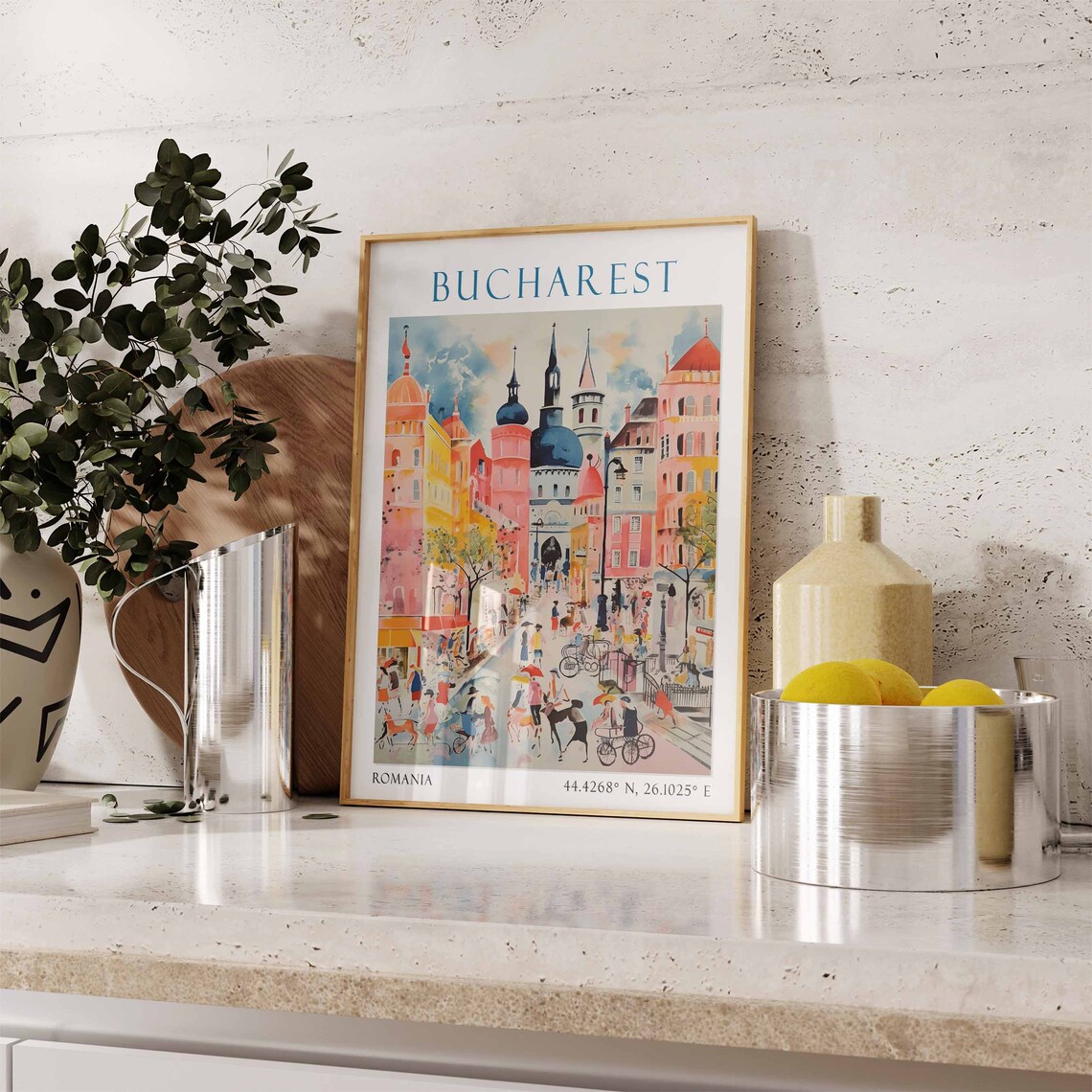 Bucharest Romania Travel Poster Busy Boulevard Domed Church Art - Image 2
