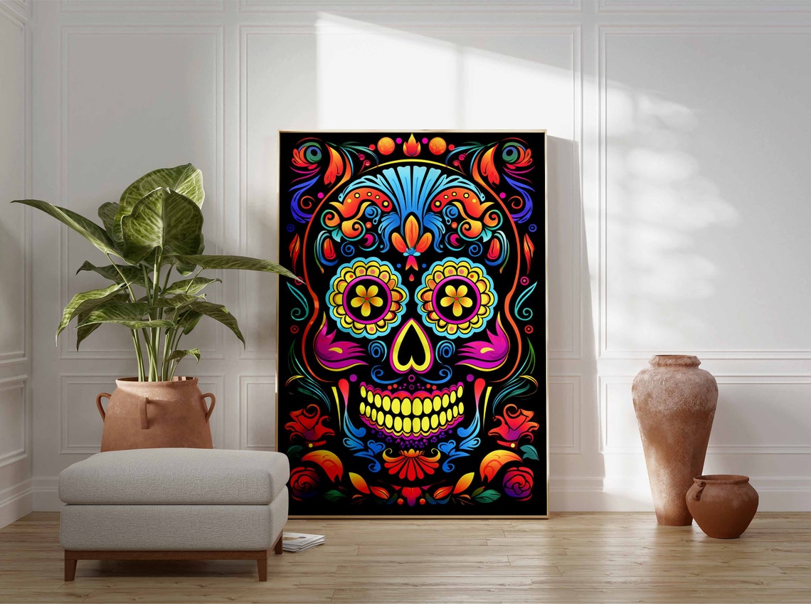 Neon Blue Purple Sugar Skull Poster with Flower Eyes on Black - Image 3