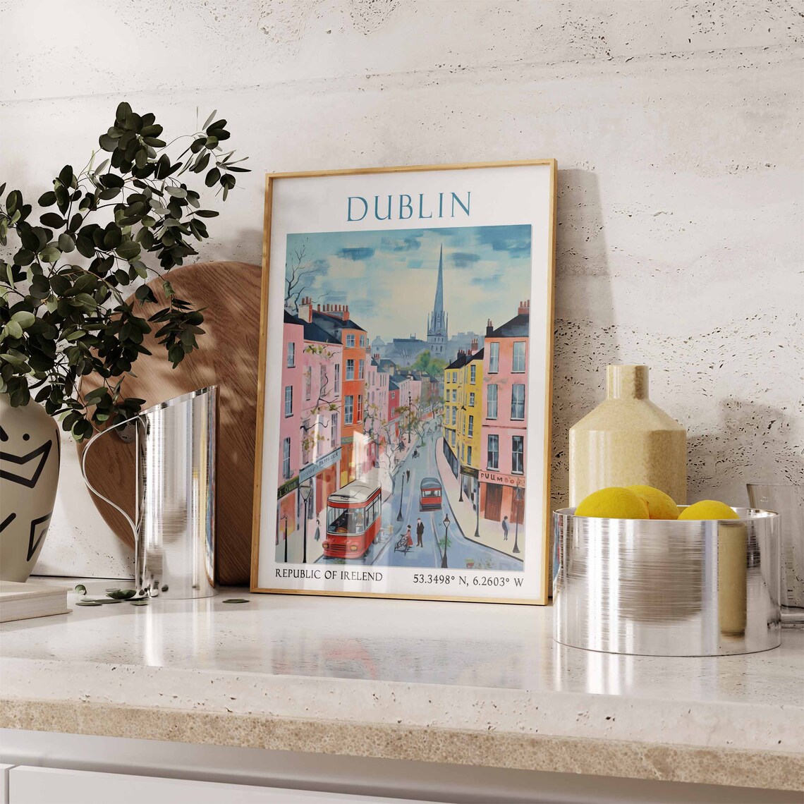 Dublin Busy Street with Red Buses and Colorful Houses Poster Art - Image 3