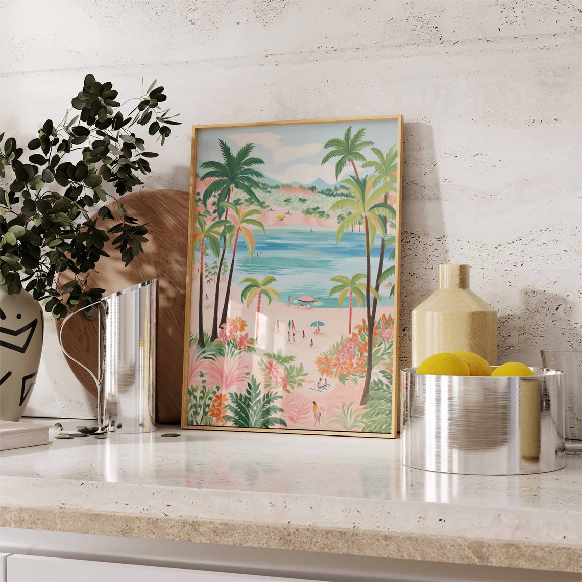 Tropical Beach with Palm Trees and a Turquoise Lagoon Poster - Image 2