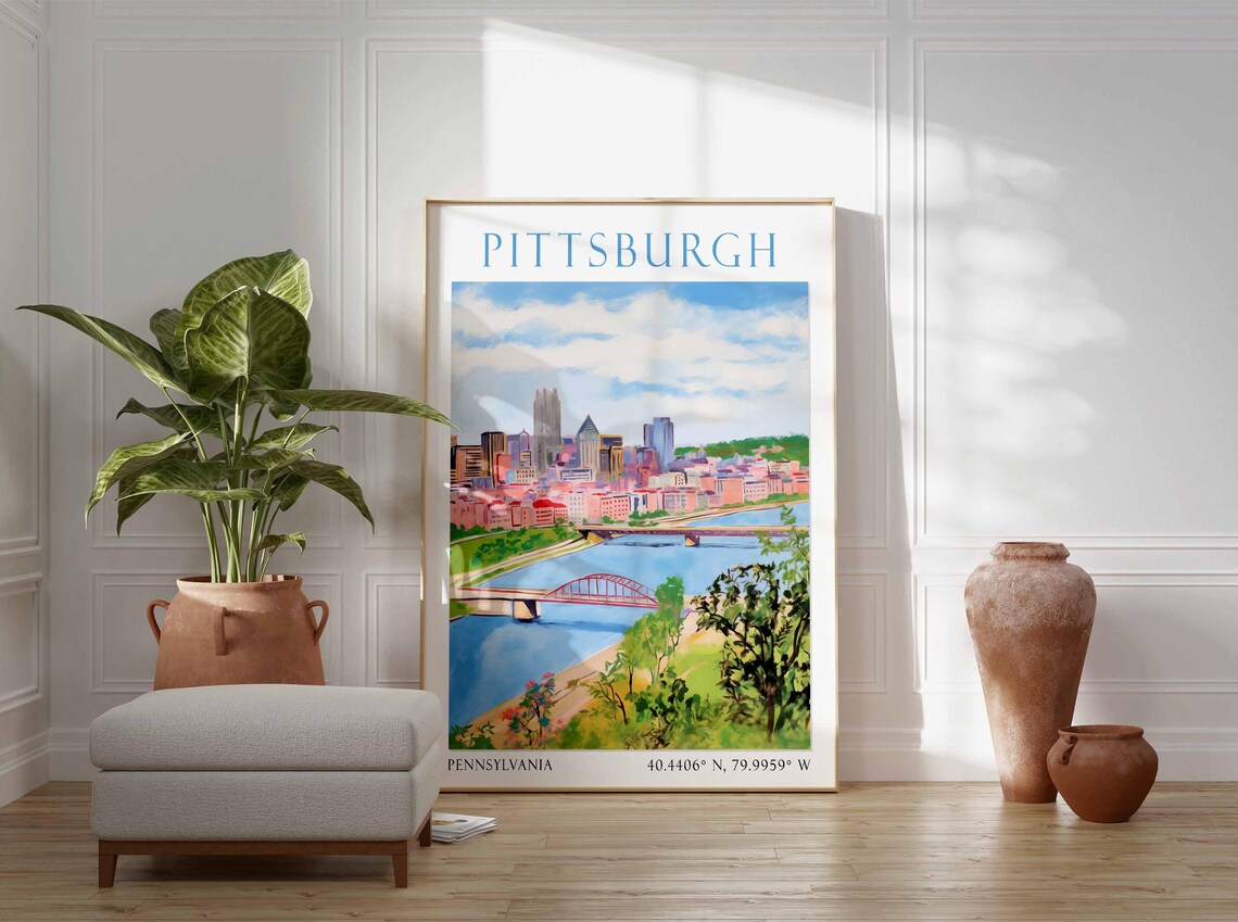 Pittsburgh Pennsylvania River Bridges Skyline Watercolor Travel Poster - Image 3