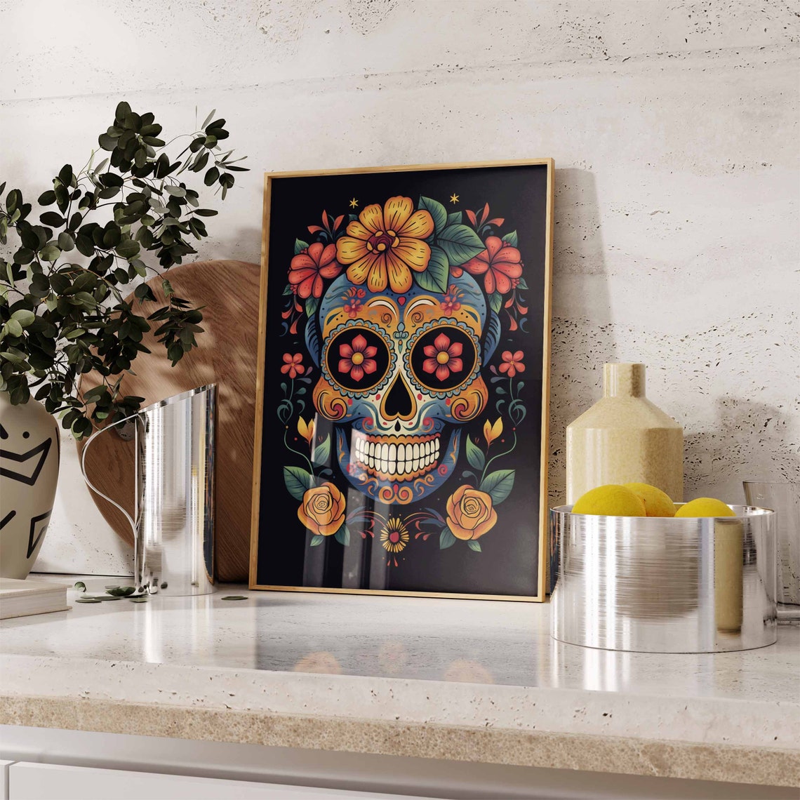 Day of Dead Blue Sugar Skull Pink Flowers Roses Flat Black Poster - Image 2