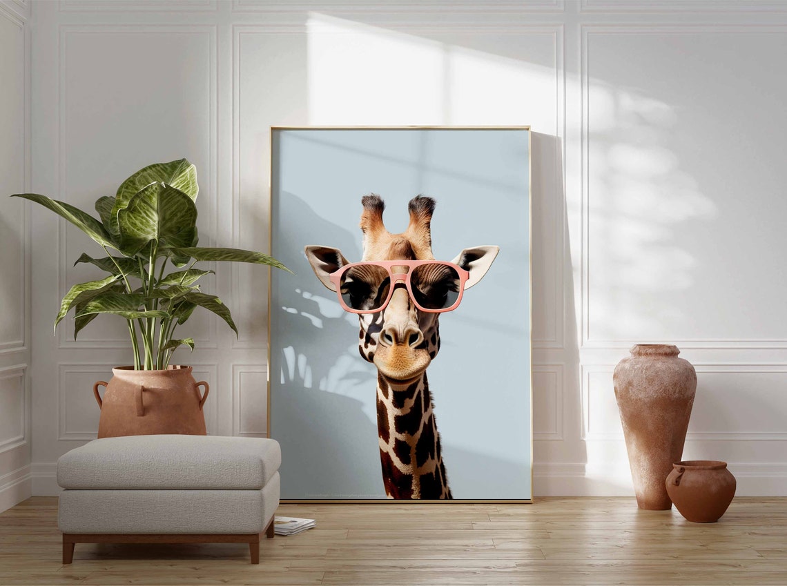 Charming Giraffe in Pink Sunglasses on Light Blue Background Poster - Image 3